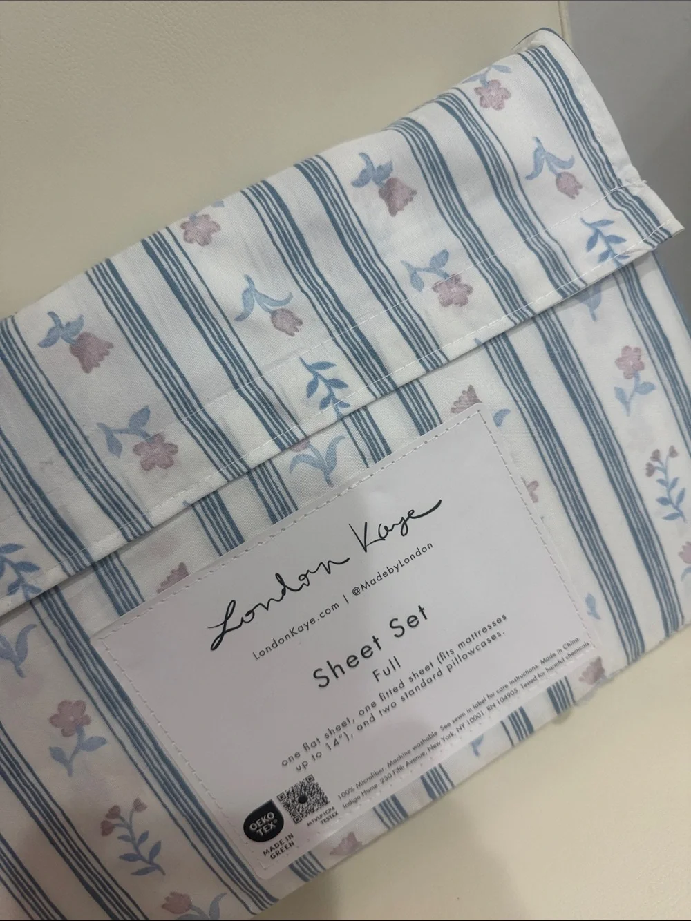 London Kaye Full Floral Stripe Sheet Set in Blue/Pink and White